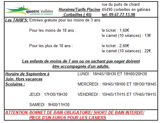 Horaires piscine 2020 2021
